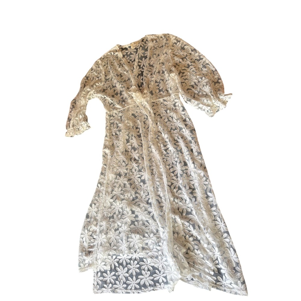 Ember Sheer Duster Cardigan White Daisy Floral Sheer Mesh Tie Front Boho XL